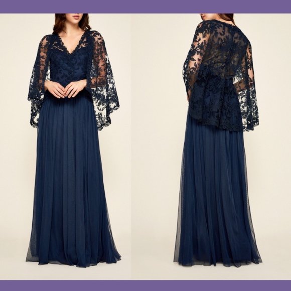 NEW $568 Tadashi Shoji Cove Tulle Cape Gown in Navy Blue‎ [SZ 4 ] - Picture 1 of 8